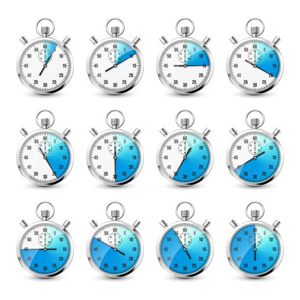 istock Realistic classic stopwatch icons. Shiny metal chronometer, time counter with dial. Blue countdown timer showing minutes and seconds. Time measurement for sport, start and finish. Vector illustration 1435779866