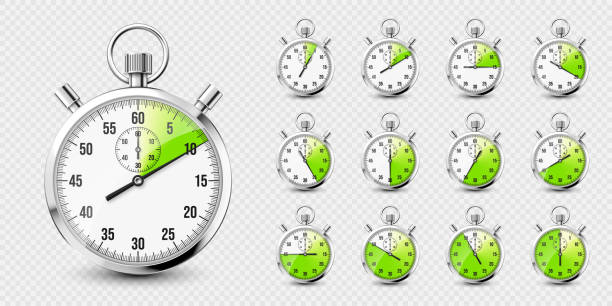 istock Realistic classic stopwatch icons. Shiny metal chronometer time counter with dial. Green countdown timer showing minutes and seconds. Time measurement for sport, start and finish. Vector illustration 1435780222