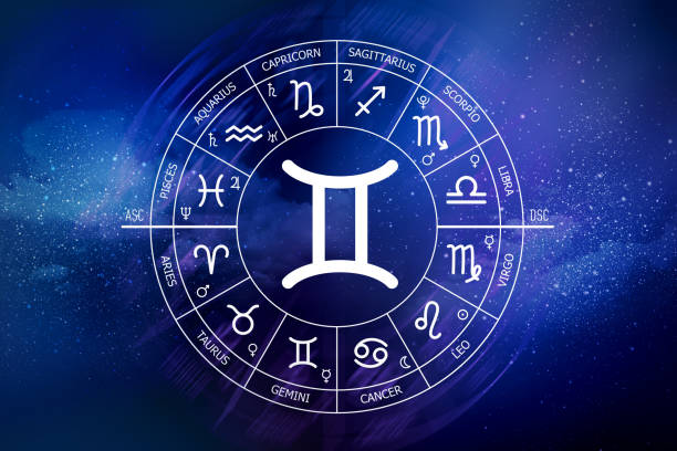 istock Gemini zodiac sign. Abstract night sky background. Gemini icon on blue space background 1435783147