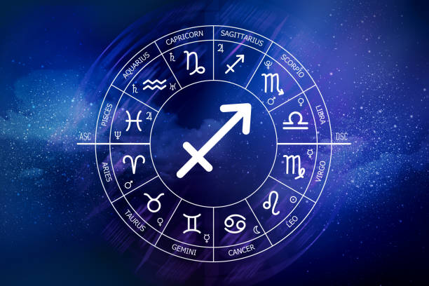 istock Sagittarius zodiac sign. Abstract night sky background. Sagittarius icon on blue space background 1435783149