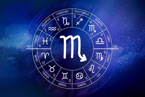 istock Scorpio zodiac sign. Abstract night sky background. Scorpio icon on blue space background 1435783151