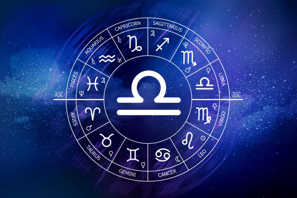 istock Libra zodiac sign. Abstract night sky background. Libra icon on blue space background 1435783152