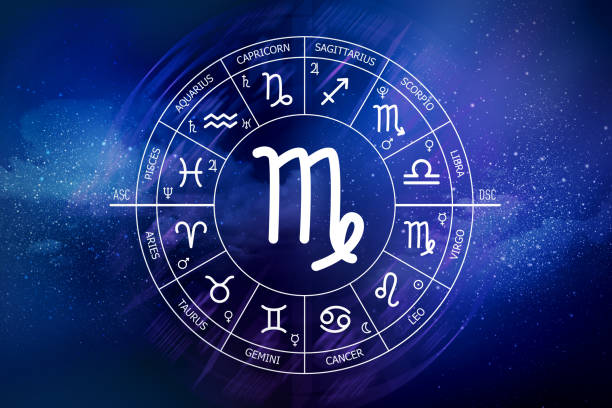 istock Virgo zodiac sign. Abstract night sky background. Virgo icon on blue space background 1435783155