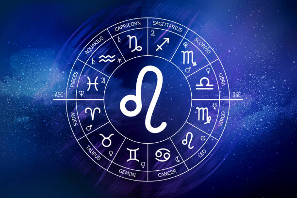 istock Leo zodiac sign. Abstract night sky background. Leo icon on blue space background 1435783157