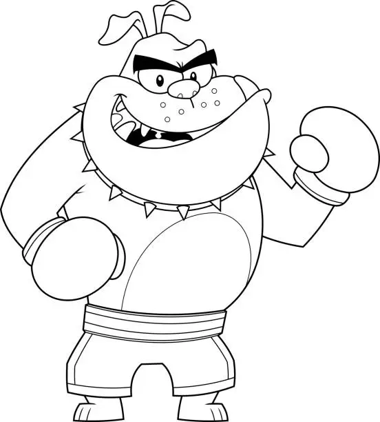 Vector illustration of Outlined Bulldog Cartoon Character Boxer Ready To Fight