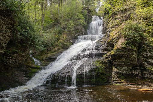 Dingmans Falls in Delaware Water Gap National Recreation Area, Pennsylvania. It has a vertical drop of 39.6 m (130 ft) and is the second highest waterfall in Pennsylvania.