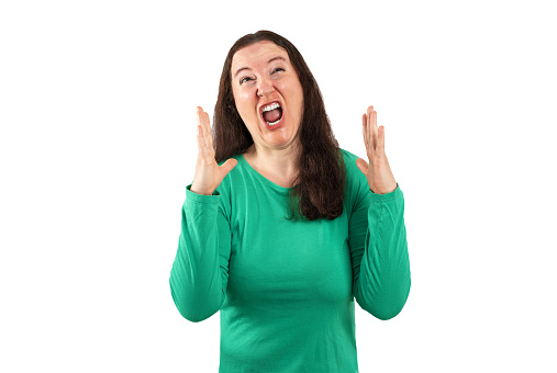 Middle age beautiful woman wearing t-shirt over isolated white background crazy and mad shouting and yelling with aggressive expression and arms raised. Frustration concept.