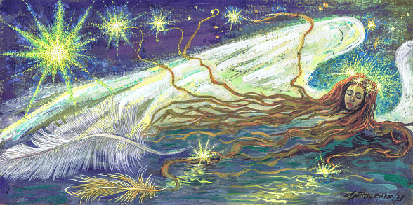 Fashionable illustration work of art  oil painting horizontal portrait of figure  a floating swim girl with long hair on the wings of dreams against a  morning predawn sky and  fading stars