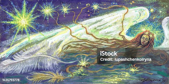 istock illustration art  oil painting portrait of figure  a girl with long hair on the wings of dreams 1435793778