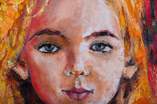 Artistic illustration work of art  childhood oil painting horizontal portrait face look of a girl with blond hair on an abstract background