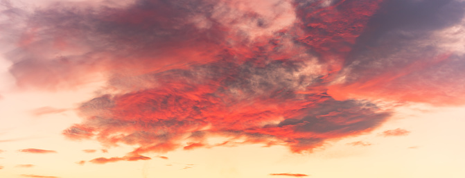 Sky of pink and orange clouds in the evening at sunset. Banner. Alsace, France.