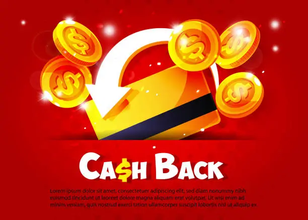 Vector illustration of Cash back money concept, financial return in cartoon style. Bank card with gold coins and a return arrow on an colored abstract background with space for text.