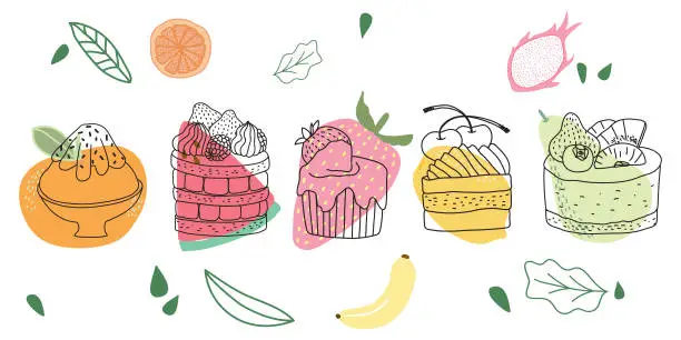 Vector illustration of Hand drawn cupcake and dessert in doodle art style with mixed fruit and leaf on white background
