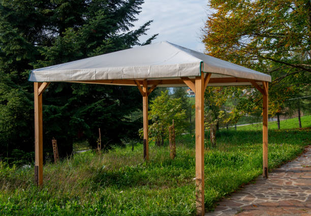 istock Wooden gazebo with cover 1435826661