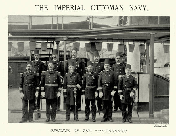 Imperial Ottoman navy, Officers of the Messoudied, 1890s, 19th Century vector art illustration