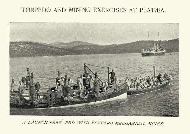 ilustrações, clipart, desenhos animados e ícones de barco da marinha real britânica preparado com minas navais eletro mecânicas em exercício em plataea, 1890, vitoriano século xix - seamine