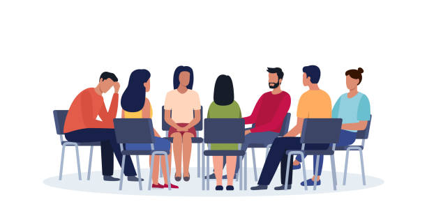 ilustrações de stock, clip art, desenhos animados e ícones de group psychotherapy. persons sitting in circle and talking. people meeting. psychotherapy training, business lecture or conference. man woman support group. vector illustration. - cartoon business meeting training