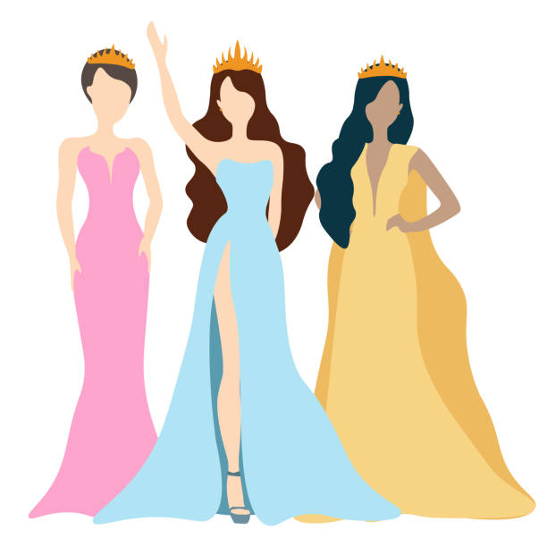 ilustraciones, imágenes clip art, dibujos animados e iconos de stock de ilustración vectorial de tres reinas de belleza sobre fondo blanco - concurso de belleza