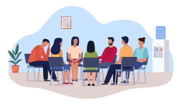 ilustrações de stock, clip art, desenhos animados e ícones de group psychotherapy. persons sitting in circle and talking. people meeting. psychotherapy training, business lecture or conference. man woman support group. vector illustration. - cartoon business meeting training