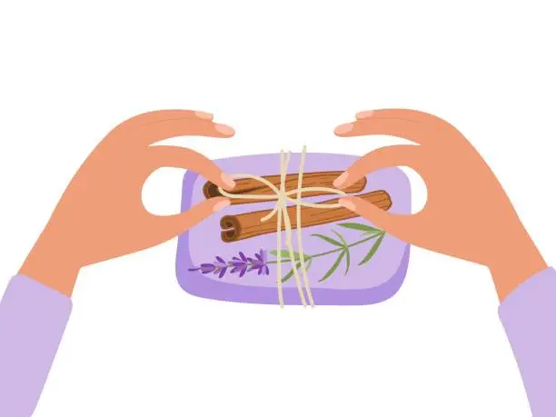 Vector illustration of Two women's hands packing handmade soap with Lavender grass, cinnamon. Cute gift. Vector flat Illustration dor small business. Herbal Healing body care. For natural organic spa products cosmetics