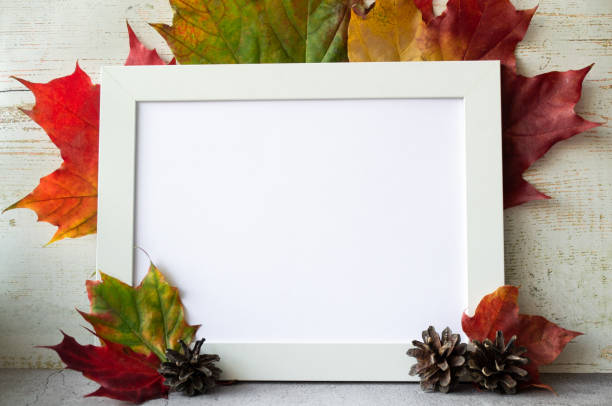 istock White frame with space for text or illustration. Multicolored maple leaves and aged wood background 1435833584