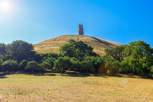 Low angle view of Glastonbury Tor in Somerset, England