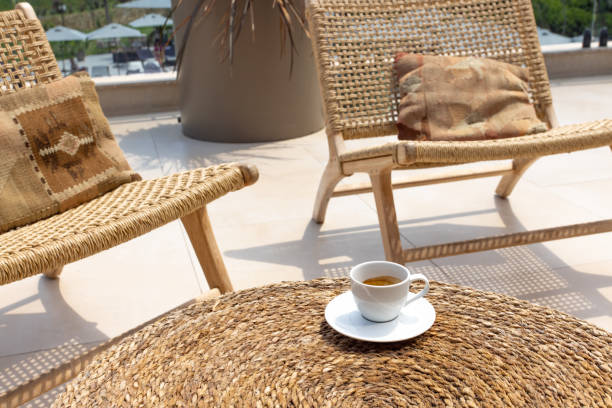 istock Modern espresso coffee on table, hotel vacation, great design for any purposes. Relaxation concept. Natural aroma drink. Summer background. 1435835578