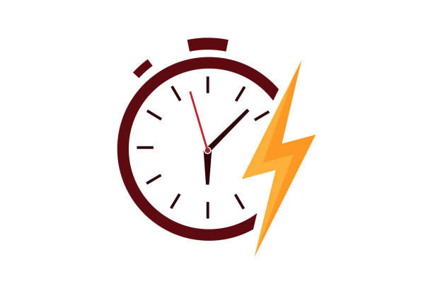 ilustraciones, imágenes clip art, dibujos animados e iconos de stock de icono de tiempo de flash. flash energía eléctrica. trueno y reloj. ilustración vectorial aislada - clock face flash