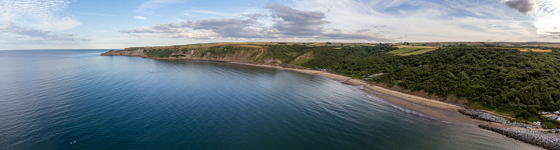 Aerial view the Yorkshire North Sea coastline at Runswick Bay in England, UK. Taken with a class 0 drone.