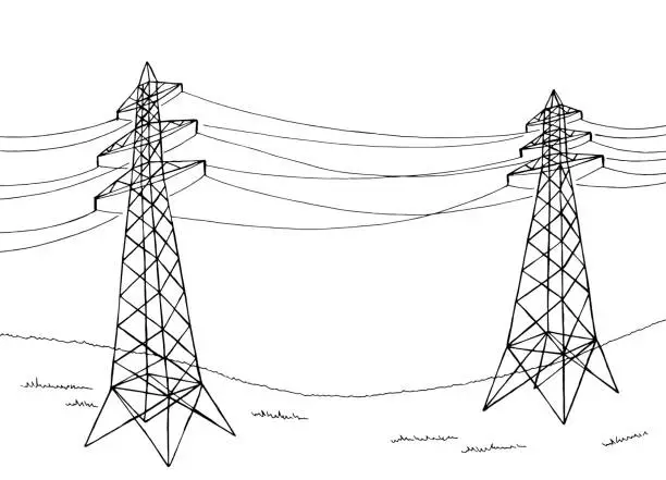 Vector illustration of Power line graphic black white landscape sketch illustration vector