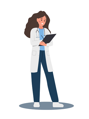 Female doctor writing medical prescription. Woman in uniform holding clipboard with recipe for patient. Healthcare, treatment and pharmacy concept. Vector illustration in flat cartoon style.