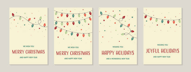 화려한 손으로 그린 일련의 조명. 크리스마스 카드 컬렉션. 벡터 일러스트 레이 션 - christmas lights stock illustrations