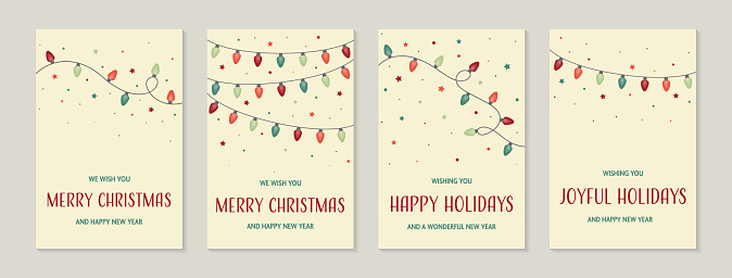 Colourful hand drawn string of lights. Christmas cards collection. Vector illustration