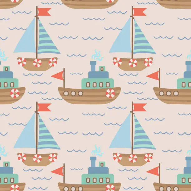 Vector illustration of Seamless vector pattern with hand-drawn sailing yachts, ships and the sea wave. Summer bright background for fabric design. Vector illustration.