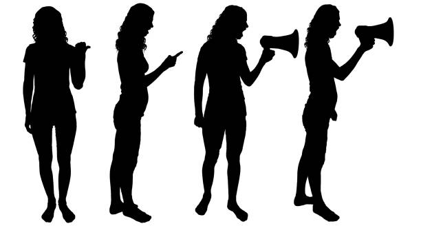istock Vector silhouette of four women who are shouting into the loudspeaker and pointing a finger at someone 1435839564