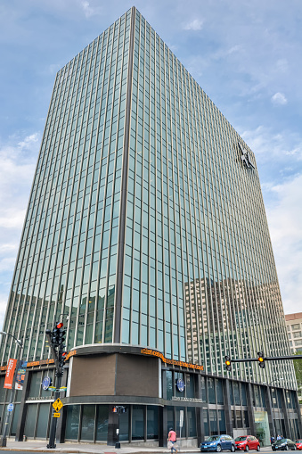 Hartford, Connecticut, United States of America - April 28, 2017. Building of UConn School of Business (GBLC) at 100 Constitution Plaza in Hartford, CT. At 66m high, the building is a part of the Constitution Plaza complex and dates from 1961.