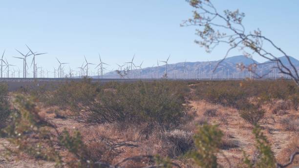 windmills on wind farm, wind mill energy generators. desert windfarm, usa. - tehachapi imagens e fotografias de stock