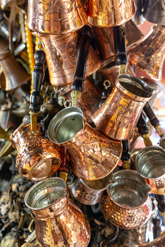 Copper coffee pots at the Grand Bazaar in Istanbul, Turkey