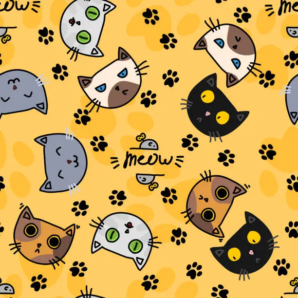 Vector illustration of Seamless pattern. Various cat heads with different emotions und feline footprints. Funny texture in warm orange colours for textile, wrapping paper or background