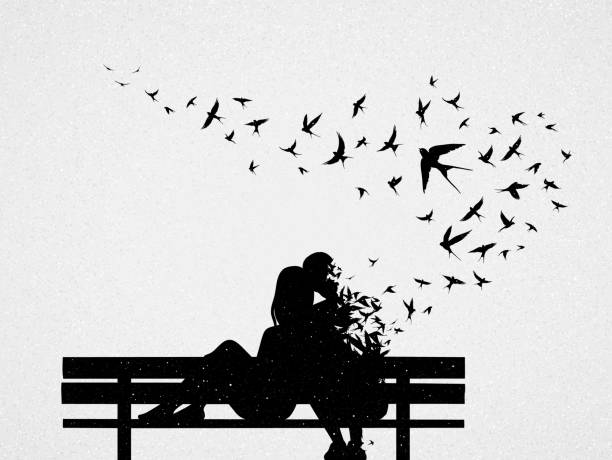 Loving couple on bench Death and afterlife. Flying birds silhouette silhouette of a free animals stock illustrations