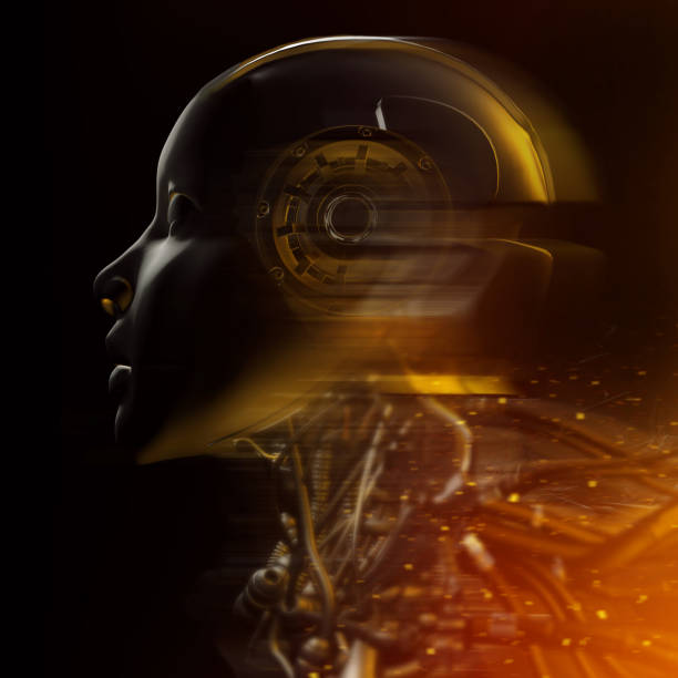 head of a female robot on a dark background with fiery sparks