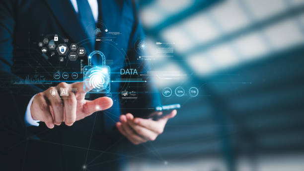 istock Businessman using fingerprints to access business information, biometric identification and cybersecurity network, digital cybercrime anti-crime technology innovation, data protection privacy concept. 1435860054