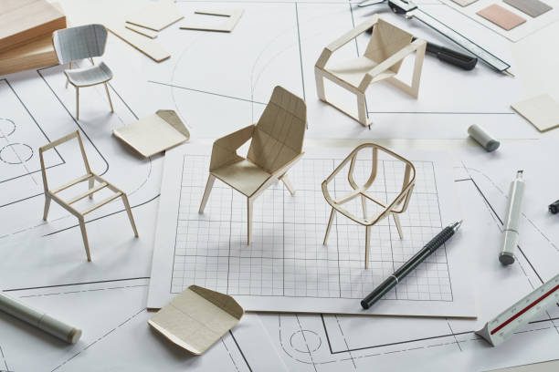 istock Designer sketching drawing design development product plan draft chair armchair Wingback Interior furniture prototype manufacturing production. designer studio concept . 1435860171