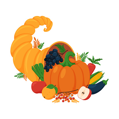 Cornucopia. Horn of plenty with fruits, vegetables. Pumpkin, corn, eggplant, apple. Vector illustration for Thanksgiving or fall harvest festival. Cartoon style. Isolated on white