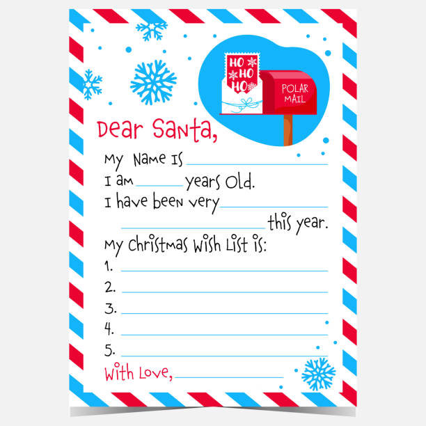 Christmas letter to Santa with blank template. Christmas letter to Santa with blank template, polar mail postbox, snowflakes and air mail envelope with the blue red stripes frame. Vector Christmas postcard to Santa Claus with wish list. correspondence stock illustrations