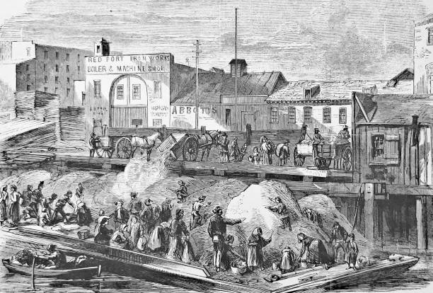 ilustrações de stock, clip art, desenhos animados e ícones de new york city, the beach street dumping barge, 1866 - 1866