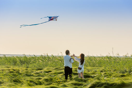 man and woman flying kites on green grassland
