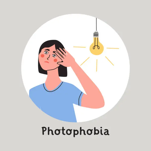 Vector illustration of Photophobia, light sensitivity or migraine concept. Woman protects her eyes from bright light with your hands. Flat vector illustration