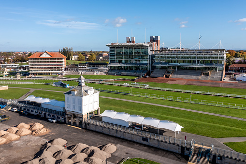 York, UK - October 22, 2022.  An aerial landscape of York Racecourse with County Stand Grandstand and finish line
