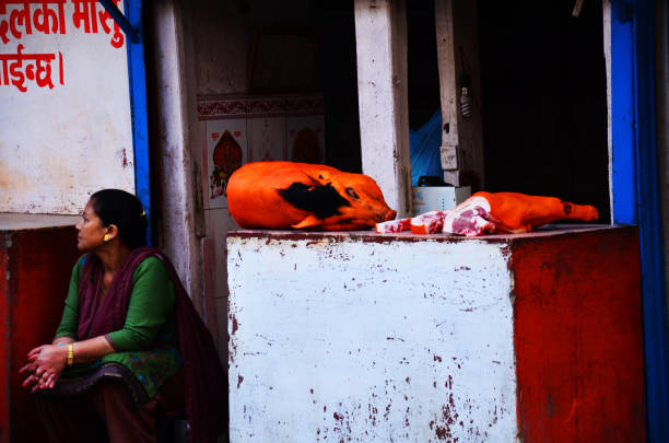 непальские женщины продают мясо кабана в мясной лавке или свежую свинину оранжевого цвета в базарне старого города для непальцев, которые � - market market stall shopping people стоковые фото и изображения